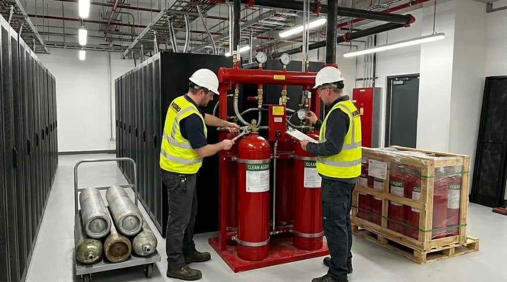Technicians servicing clean agent fire suppression system